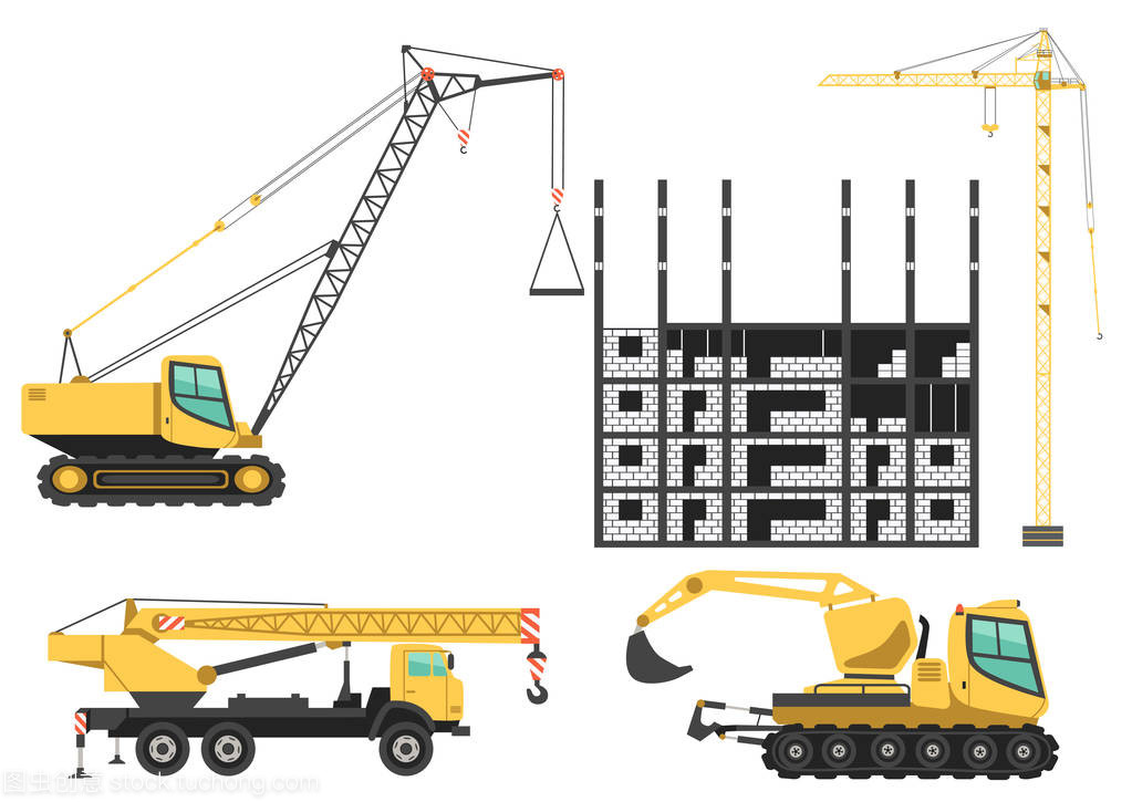 建筑起重機和工程施工現場的機械。顏色矢量圖標集